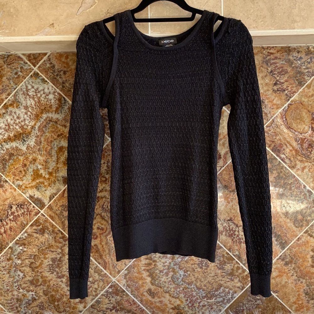 Bebe Black Cut Out Shoulder Long Sleeve Sweater with Silver Metallic Yarn Size M